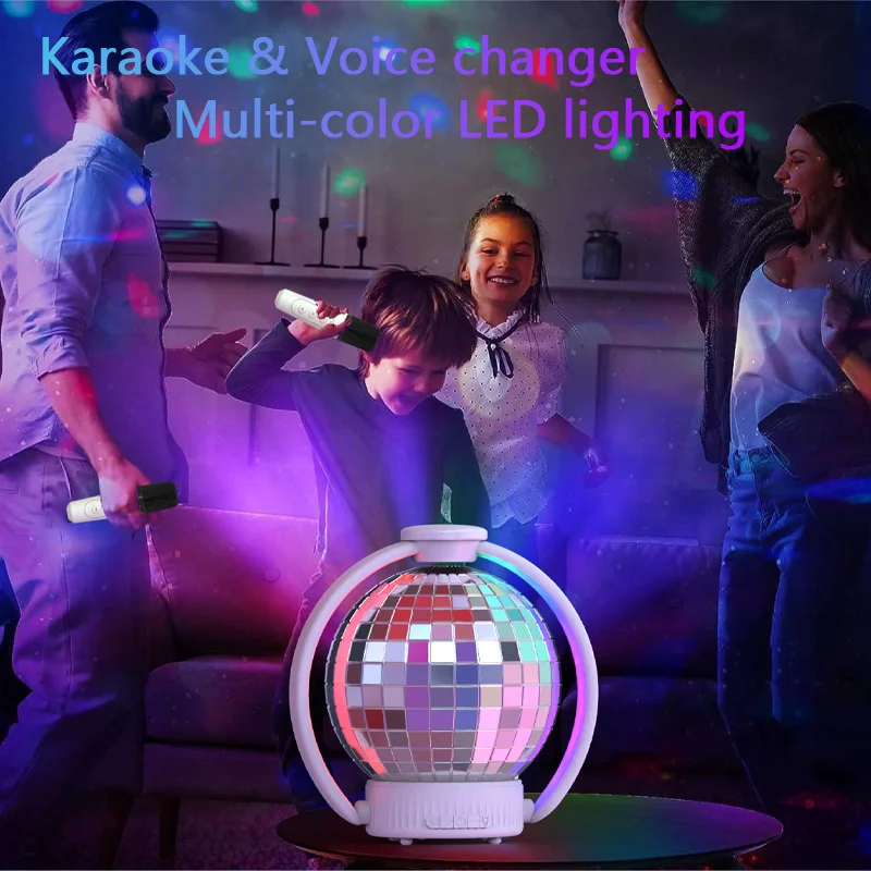 

Portable Rotating Karaoke Machine with 2 Wireless Mic Bluetooth Speaker LED Disco Lights for Kids Adults Travel Home Party Gifts