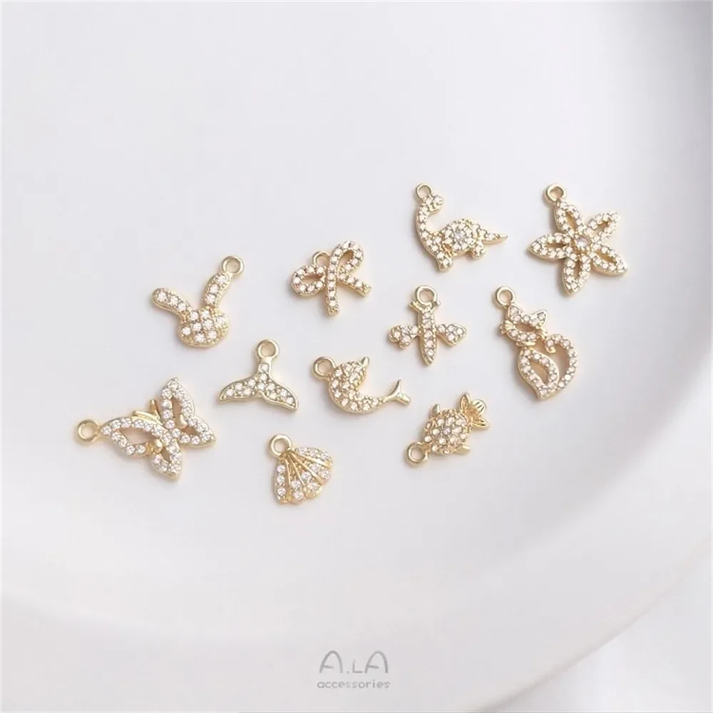 14K Gold-plated Micro-inlaid Zircon Pendant Series Marine Life Fishtail Bee Butterfly Cat Diy Charms Pendant K461