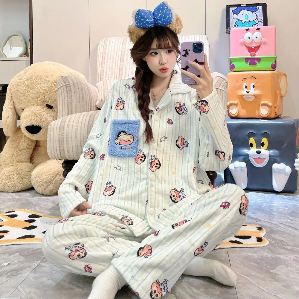 Anime Crayon Shin-Chan Kawaii Girls 2Pcs Plush Pajama Set Cartoon Winter Women Homewear Winter Thicken Girls Warm Nightwear