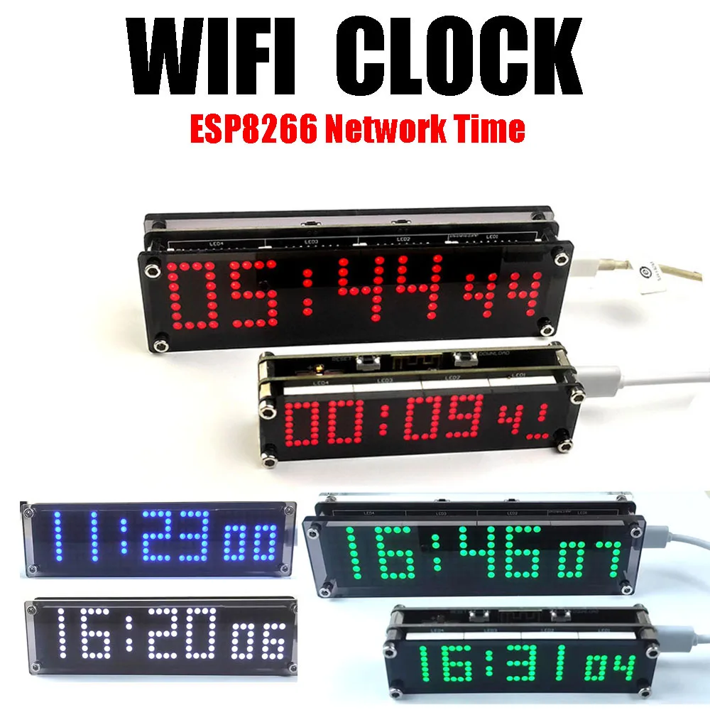 ESP8266 WIFI Zegar sieciowy Cyfrowy wyświetlacz czasu Zegar LED z matrycą punktową CZERWONY NIEBIESKI ZIELONY BIAŁY KABEL ZASILAJĄCY USB typu C