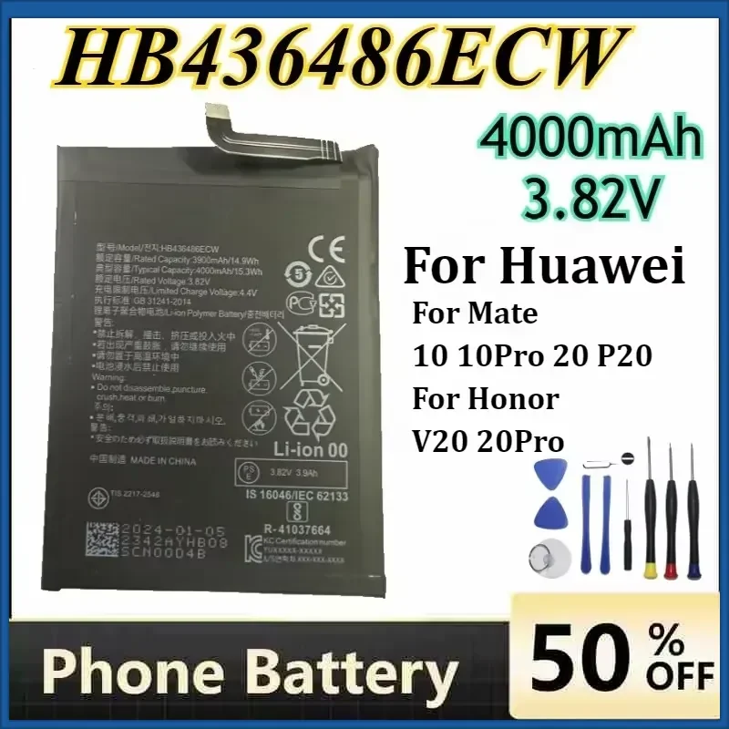 

4000mAh HB436486ECW Phone Batteries for Huawei Mate 10 10Pro 20 P20 Honor V20 20Pro Rechargeable Battery+Tools