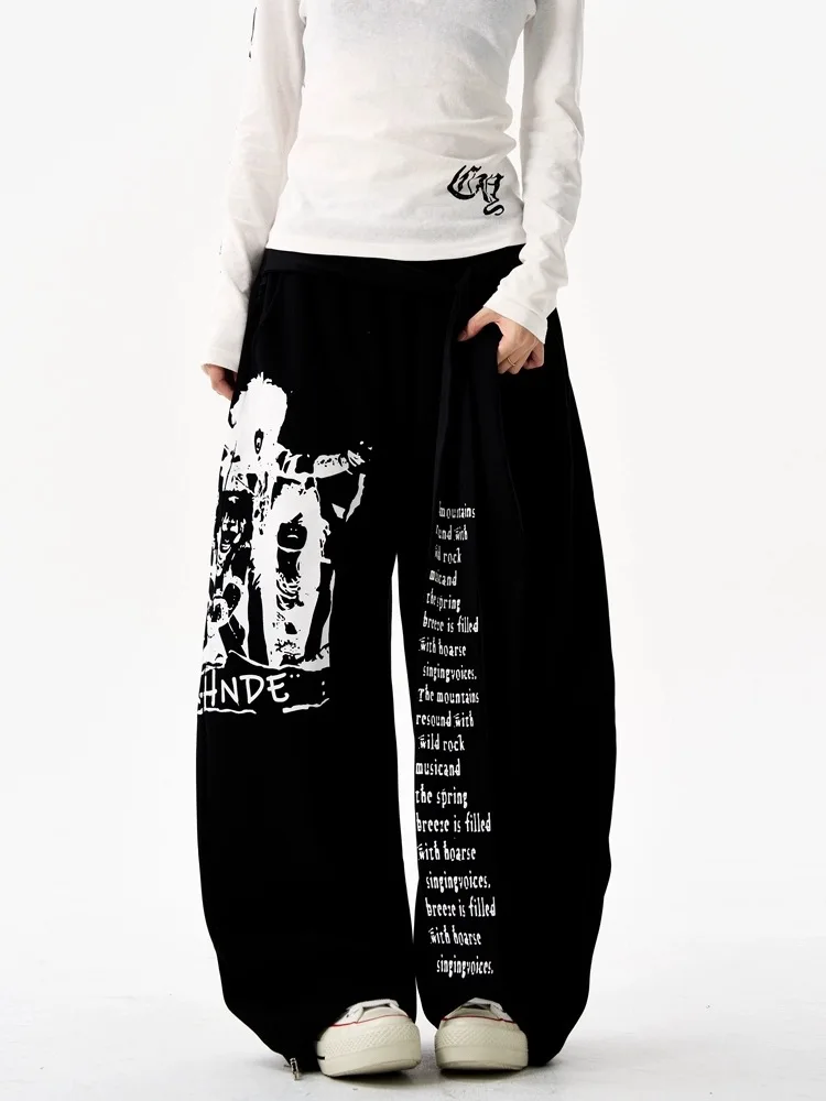Pantalones de pierna ancha con marco de letras y patrón de personajes de American High Street, pantalones sueltos informales de corte recto, ocio urbano, Fa...