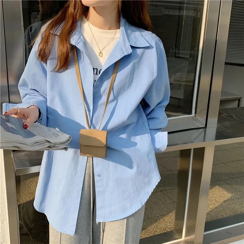 

Свободная женская шифоновая блузка в корейском стиле с длинным рукавом, модная, для многослойных образов, синяя, однотонная, весенне-осенняя, для ношения под одеждой