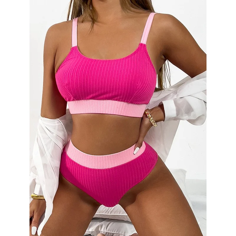 

2024New Split Bikini Swimsuit Women's Sexy High Waist Color Matching Sunken Stripe Swimsuit