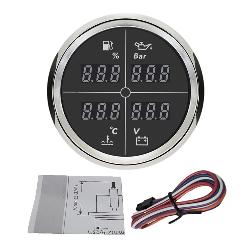 

ELING 52mm 85mm 4in1 Gauge with Fuel Level Oil Pressure Water Temp. Voltmeter for Auto Sailboat with 8 Colors Backlight