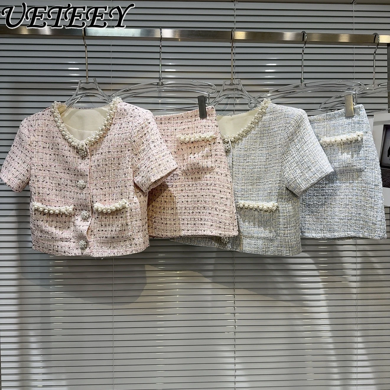 

Новые летние наряды, куртка с короткими рукавами и жемчужным краем, топ + утягивающая короткая юбка с высокой талией, твидовый комплект из двух предметов