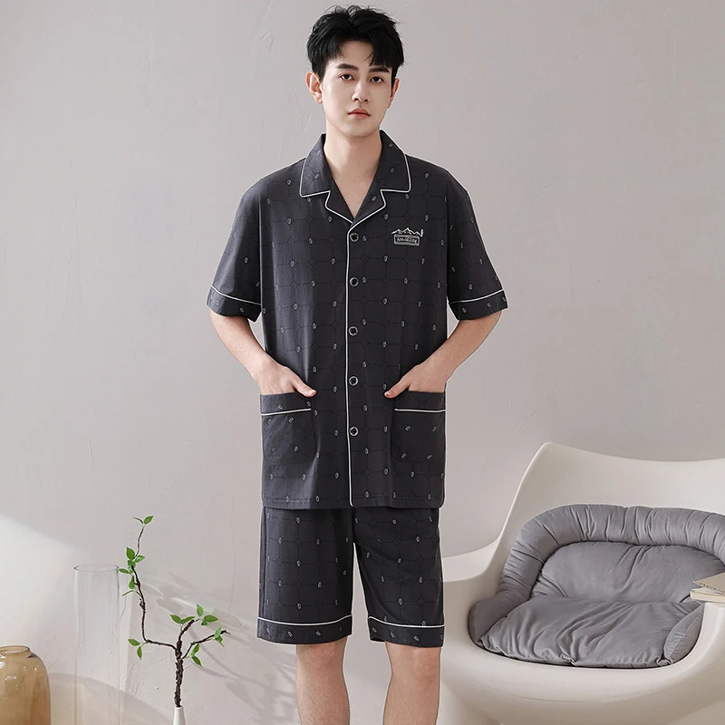 Big Size M-4XL Men Short Sleeve Pajamas Set Summer 100% Cotton Pyjama Male Sleepwear
