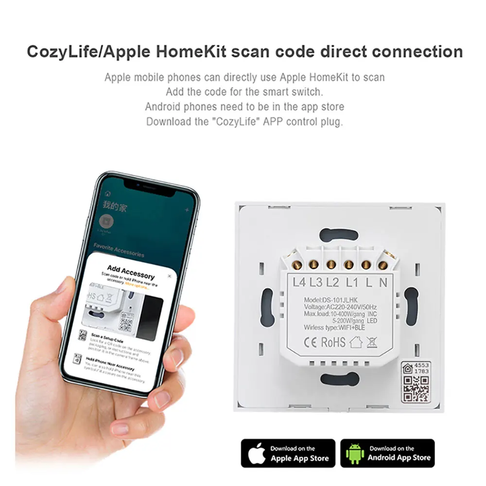 EU Smart Switch Wifi Apple Homekit No Neutral Standard Touch Sensor Light Switch Wall Smart Home Siri Voice Control 2024 Family