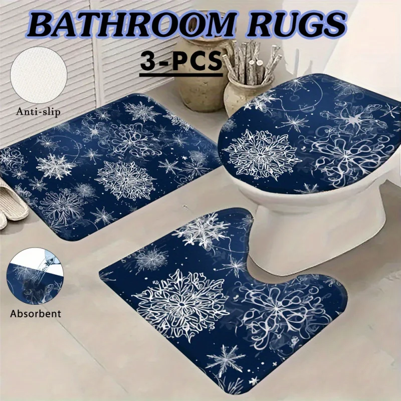 Christmas Snowflake Bathroom Rugs Set of 3, Machine Made Flannel Polyester Non-Slip Bath Mat, U-Shaped & Toilet Lid Cover, Washa