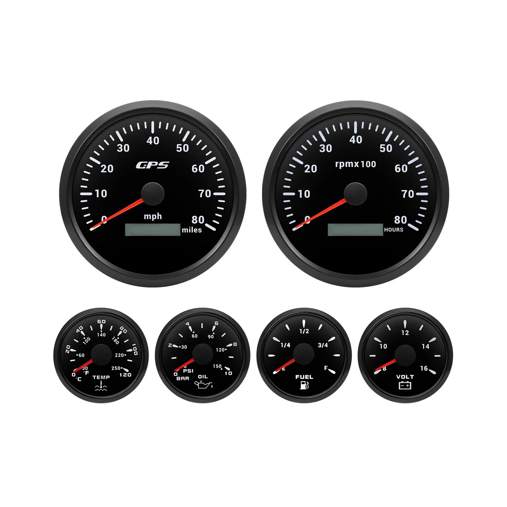 

6 Gauge Set 110MM GPS Speedometer 80MPH Tacho 8000RPM & 52MM Fuel/Temp/Oil/Volt