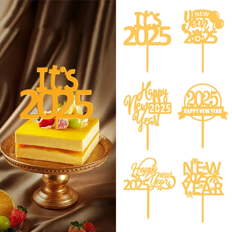 2025 Happy New Year's Golden Cake Insert Glitter Party Dessert Decoration Christmas New Year Party Acrylic Cake Inserts