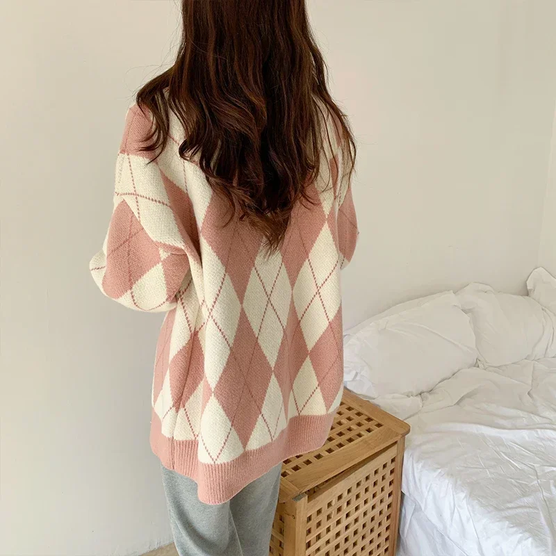 Korean Fashion Cardigan Women\'s Sweater Oversize Diamond Lattice Female Coat Long Sleeve Top Pink Argyle Knitted Cardigans Women