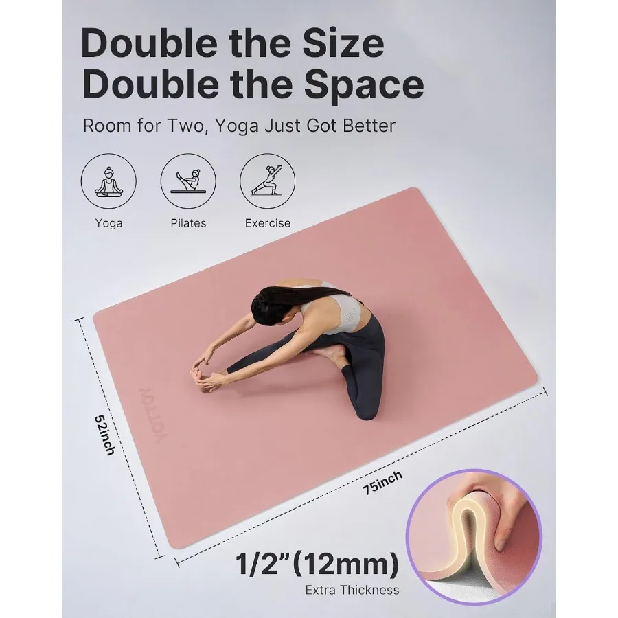 YOTTOY سجادة يوجا كبيرة 75 52 1 2 بوصة بساط تمرين TPE واسع للغاية مع سطح غير قابل للانزلاق مثالي لتدريب اللياقة البدنية والبيلاتيس بيرفو