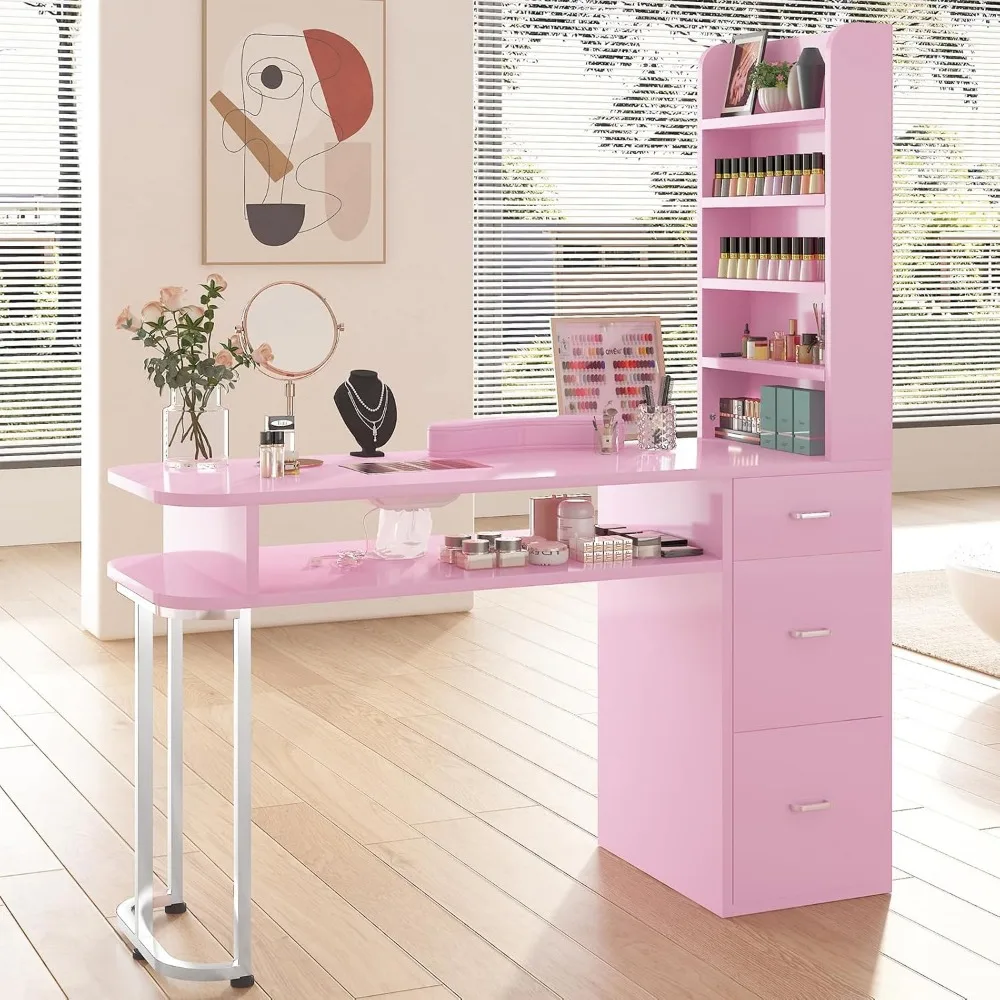 

Manicure Table,Large Professional Nail Station for Nail Tech with Side Cabinet and Large Drawers, Nail Workstation with Dus