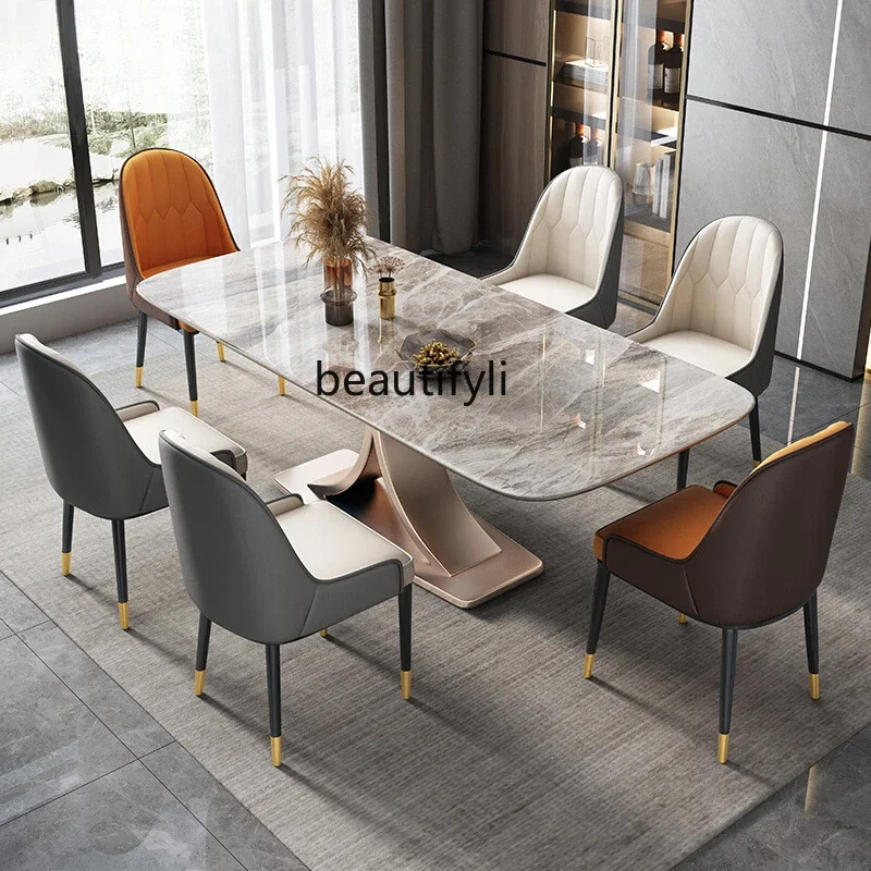 Italian light luxury bright rock slab dining table, household, modern simple rose gold rectangle