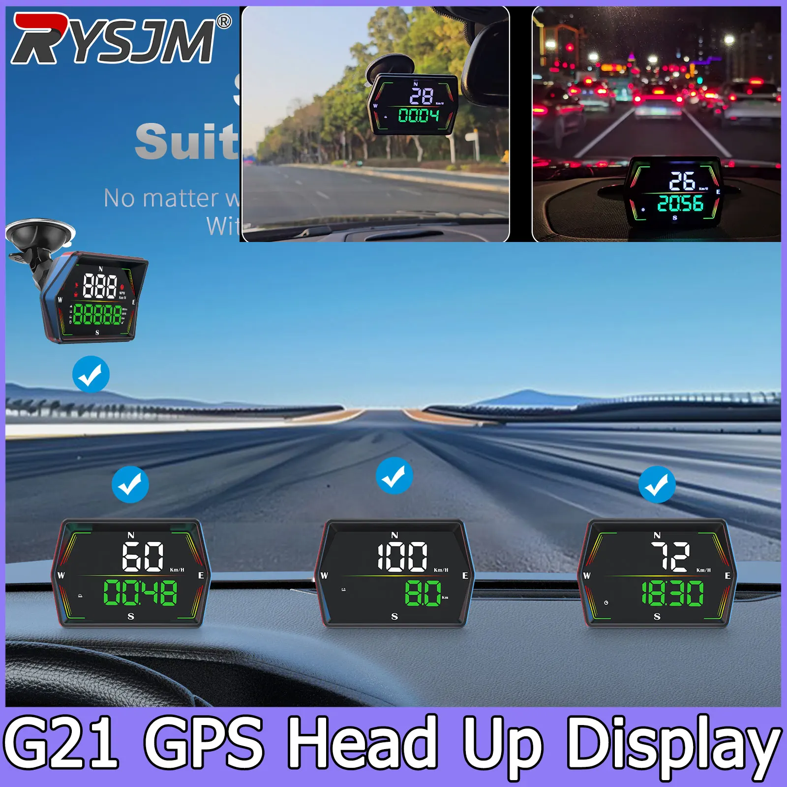 

G21 HUD GPS Car Digital Speedometer MPH KMH Head-Up Display Big Font Compass Time Overspeed Alarm Speed Meter for All Car
