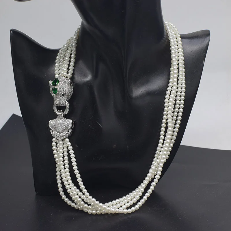 5rows shell pearl white 4mm round necklace 50cm leopard green zircon clasp hook