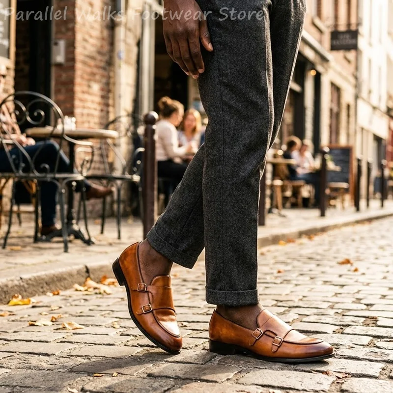 Men Double Buckle Loafers Vintage Slip On Dress Shoes Classic Formal Oxfords Business Casual Office Party Footwear Shoes For Men view 5
