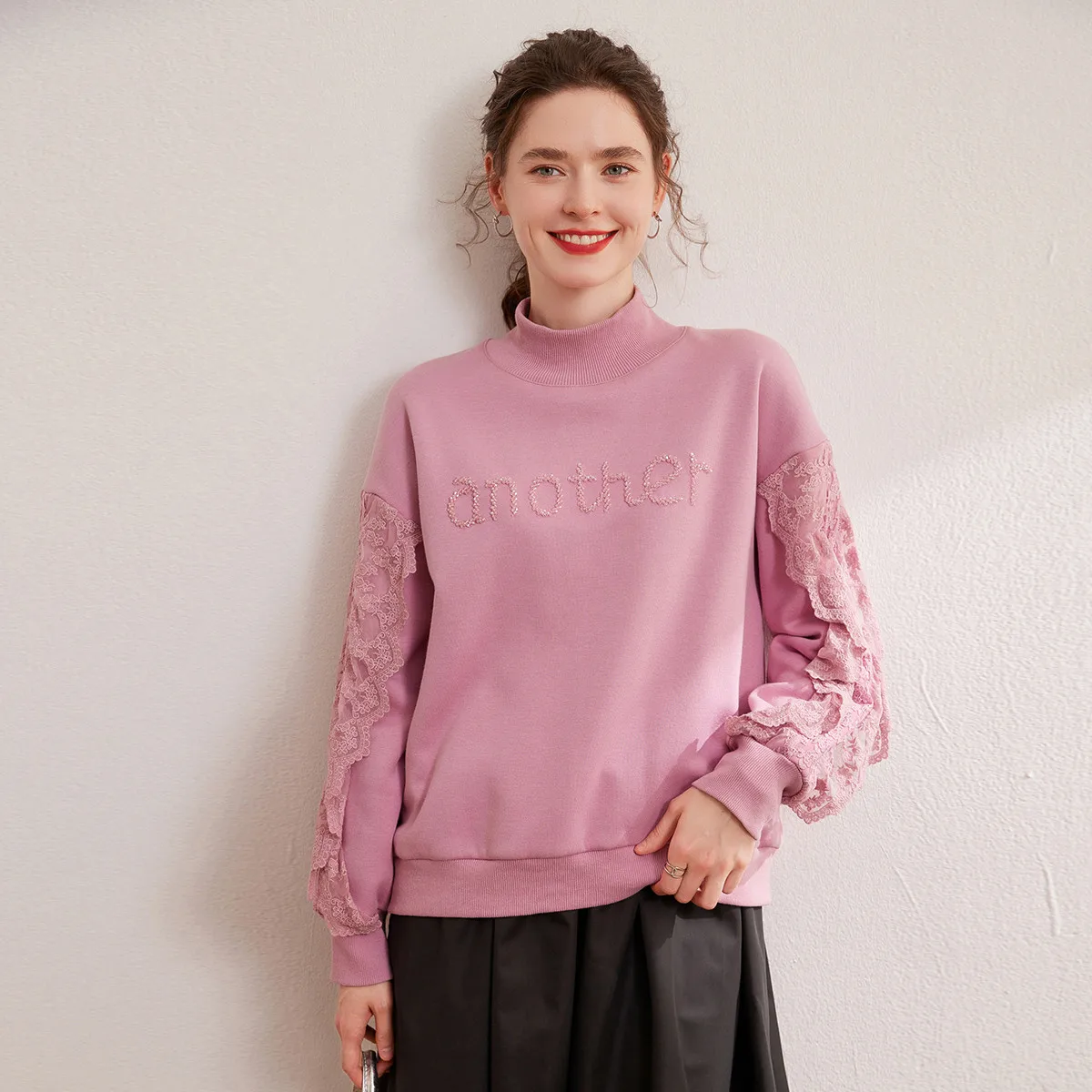 LOUIS YAO 3D Embroidered Splicing Lace Women's Sweatshirts 2025 Winter Top with Thick Velvet  Micro Elastic High Collar Hoodie