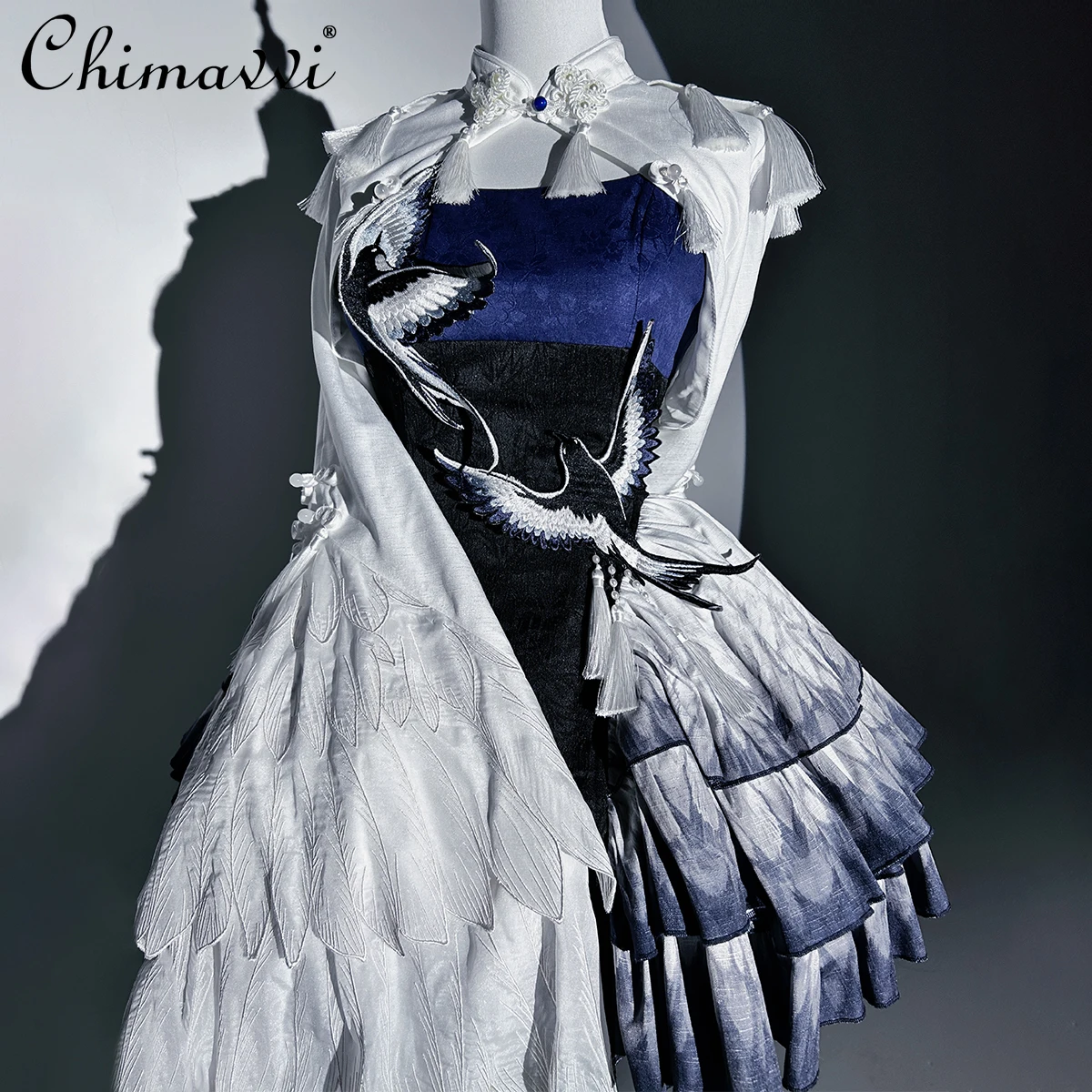 

Original Blue Feather Finch Dress Set Cos Lolita 2piece Set Summer Chinese Style Long-sleeved Short Coat Slim Suspender Dress