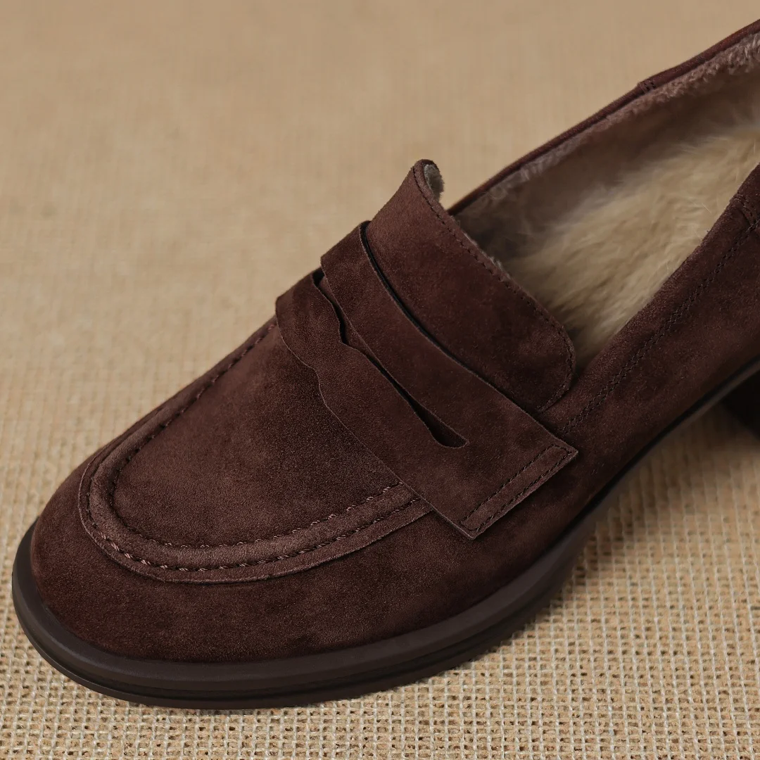 حذاء شتوي نسائي من Danxuefei مصنوع من جلد الغزال الطبيعي بمقدمة مستديرة سهل الارتداء عالي الجودة ناعم 6 سم بكعب عالٍ من فراء الأرانب #5