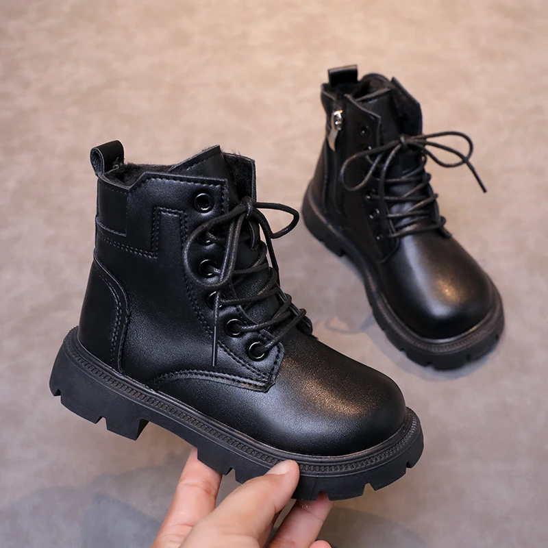 

Winter Children Shoes Boys Boots Warm Cotton Snow Shoes Kids Casual Sneaker PU Leather Black Plush Ankle Boots for Boy