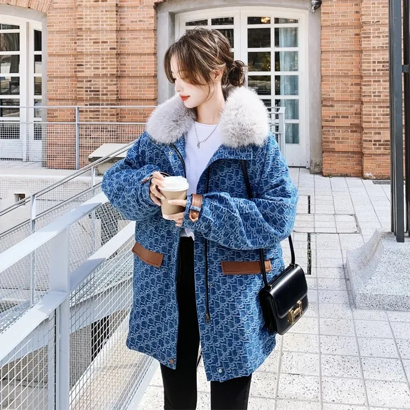 Denim Plush Cotton Coat For Women in Autumn Winter 2023 Korean High-end feeling Overcome by a Small Thickened Plush Collar Style
