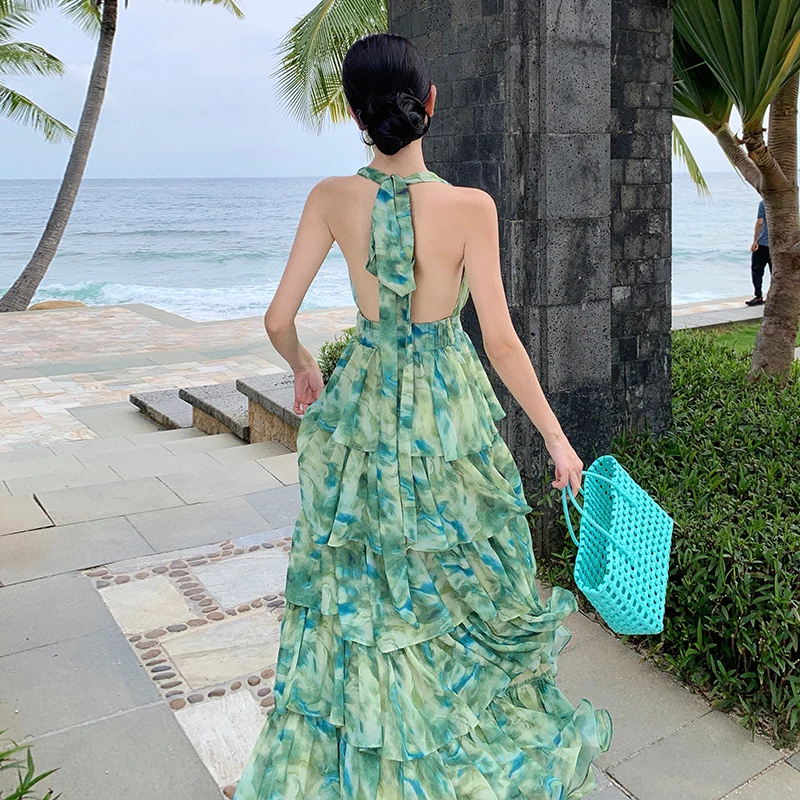 Praia Vaion adient Bal Dr Aosphere Saia de bolo em camadas V-ne Vestido longo de verão Svel de cintura alta