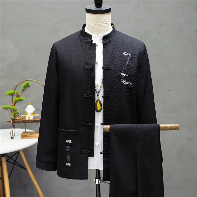 2023 Autumn Men\'s Suit Embroidery Chinese Style Stand Collar Jacket Trousers  Male Wedding Blazers Coat Pants 2 Pcs Set