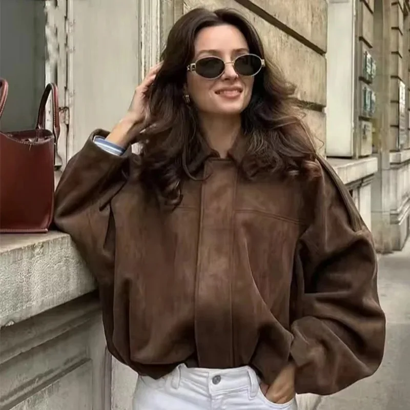 

2026 весна осень новая мода с длинным рукавом на молнии свободные куртки-бомберы шикарная повседневная уличная одежда ﻿ Женская кофейная замшевая куртка, пальто