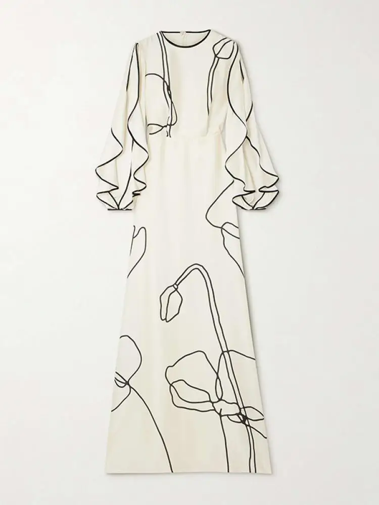 2026 Women White Black Line Printed Maxi Dress Round Neck Ruffle Sleeve High Waist A Line Pleated Stylish Party Dress - view 5