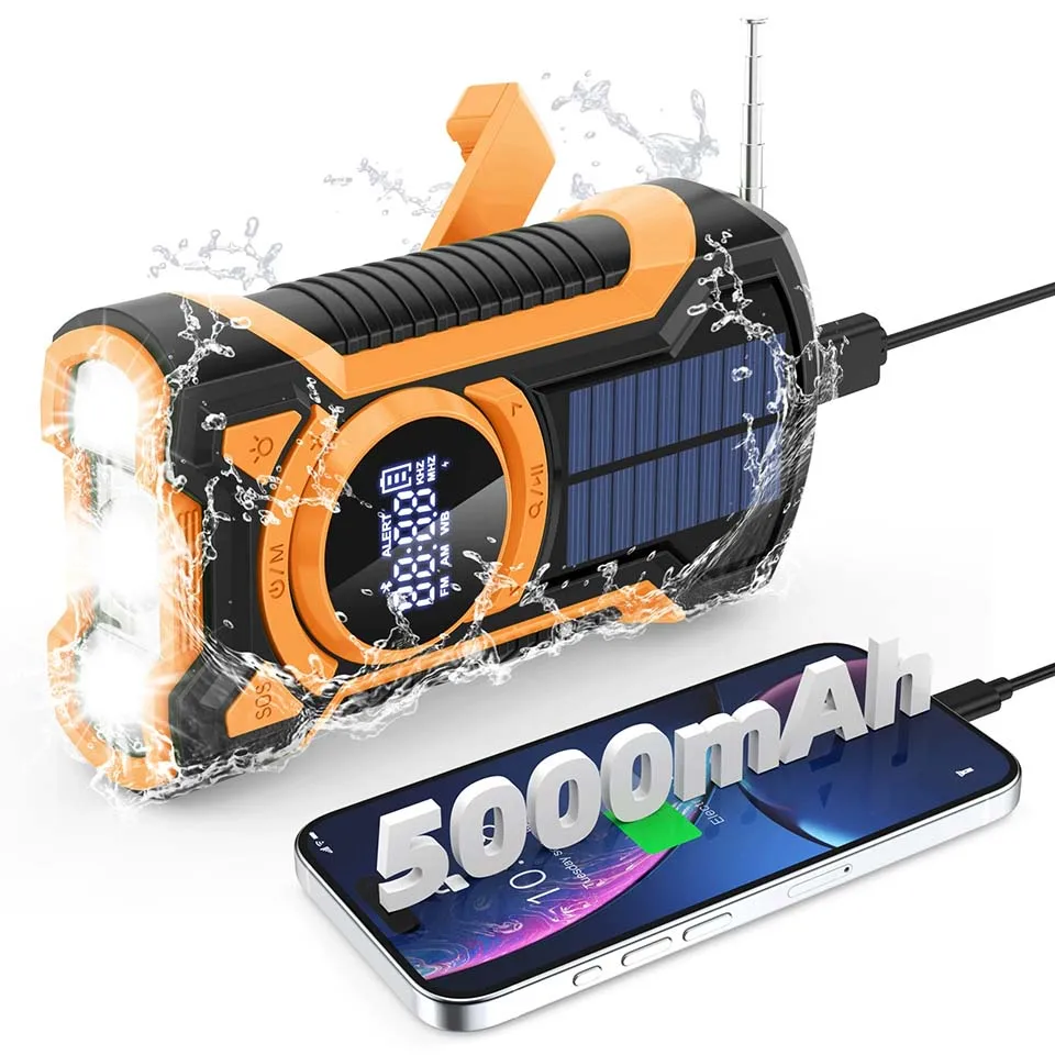 

Emergency Radio Hand Crank Solar 5000mAh, IP65 Waterproof Dustproof Bluetooth 5.3 Portable AM/FM/NOAA Weather Alert Radio