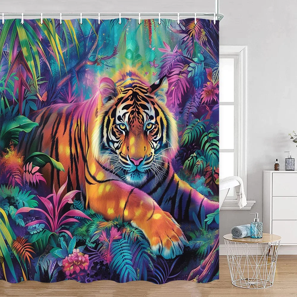 Wild Animals Shower Curtain Tiger Forest Elegant Panther Green Palnts Rose Floral Home Decor for Bathroom Polyester Bath Curtain