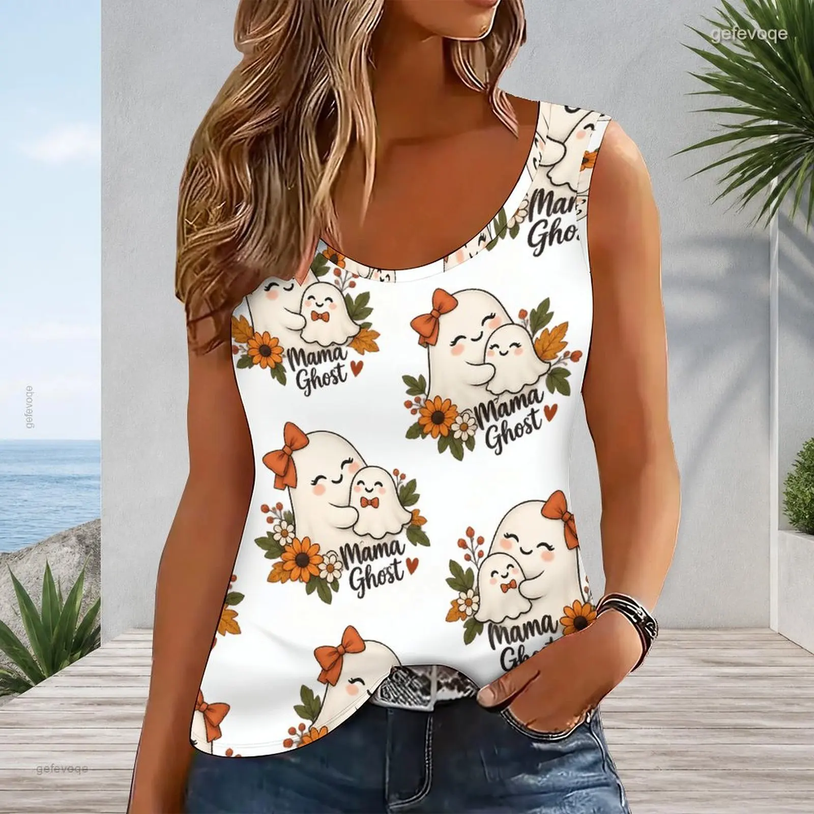 Women Scoop Neck Sleeveless Curved Hem Tank Top Printed Cute Little Boo Halloween Ghost Pumpkin Pattern