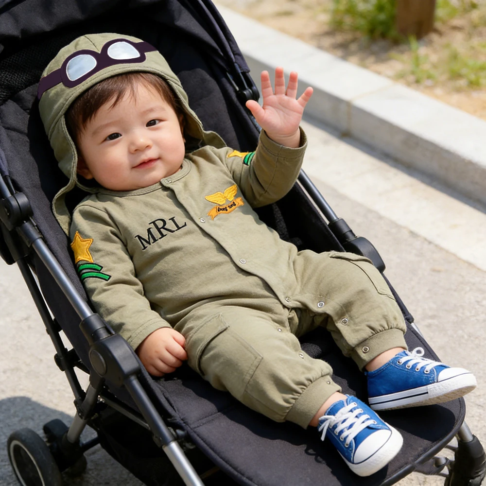 Baby Rompers Pilot Costume Army Green Long Sleeve Bodysuit with Matching Aviator Hat, Perfect for Photo Shoots or Themed Parties