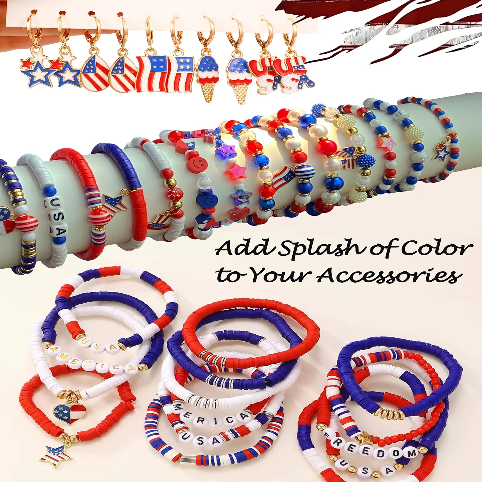 740Pcs Red White & Blue Bracelet Making Kit, Patriotic Independence Day Jewelry Supplies with Polymer Clay Beads, Charms & Usa F