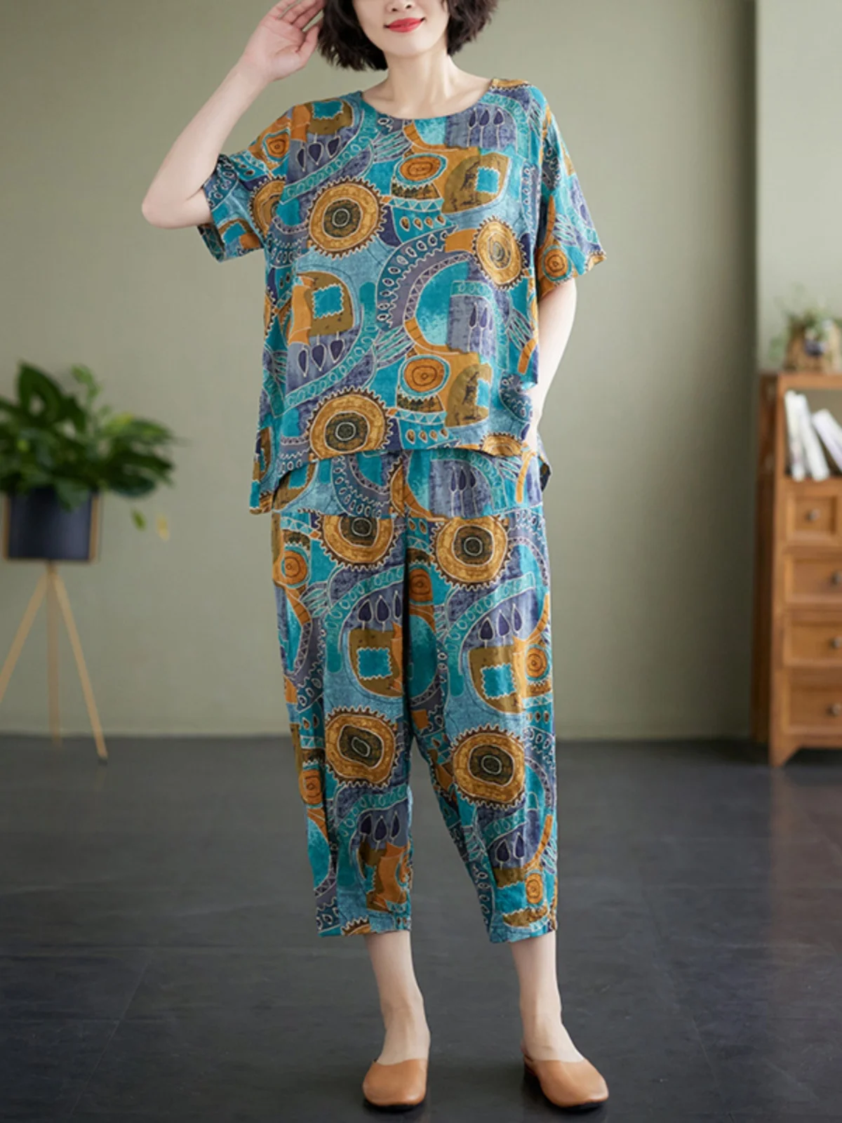 Novo 2025 feminino algodão linho casual ort sve impressão conjunto de duas peças confortável respirável faionable mãe roupas
