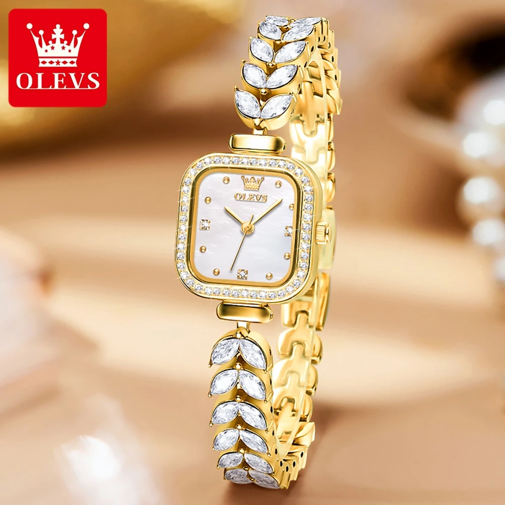 OLEVS Square Quartz Watch for Women Elegant Mermaid Stainless Steel Watchband Full Diamond Small Dial Luxury Ladies Wristwatches