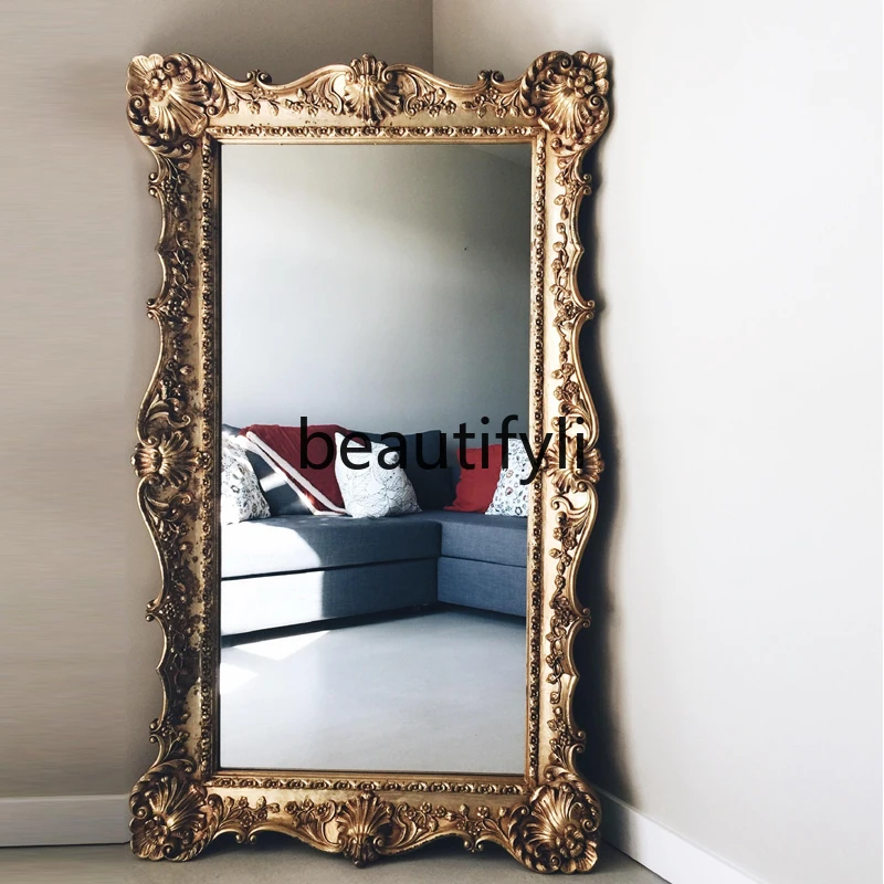 

Full-body mirror entry entrance retro carved floor decorative mirror handmade carved full-length mirror