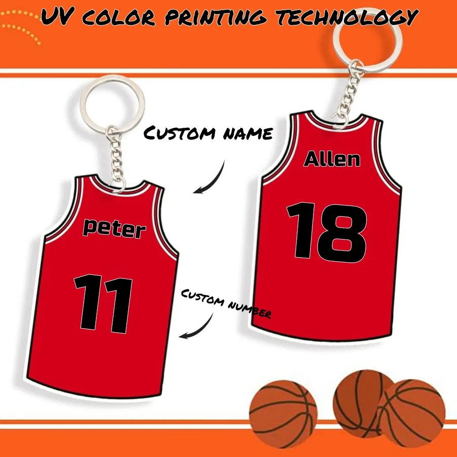 Customized Red Jersey Keychain Upload Name Number Basketball Club Athlete Sports Fans Fashion Gift Boyfriend Acrylic Keychains