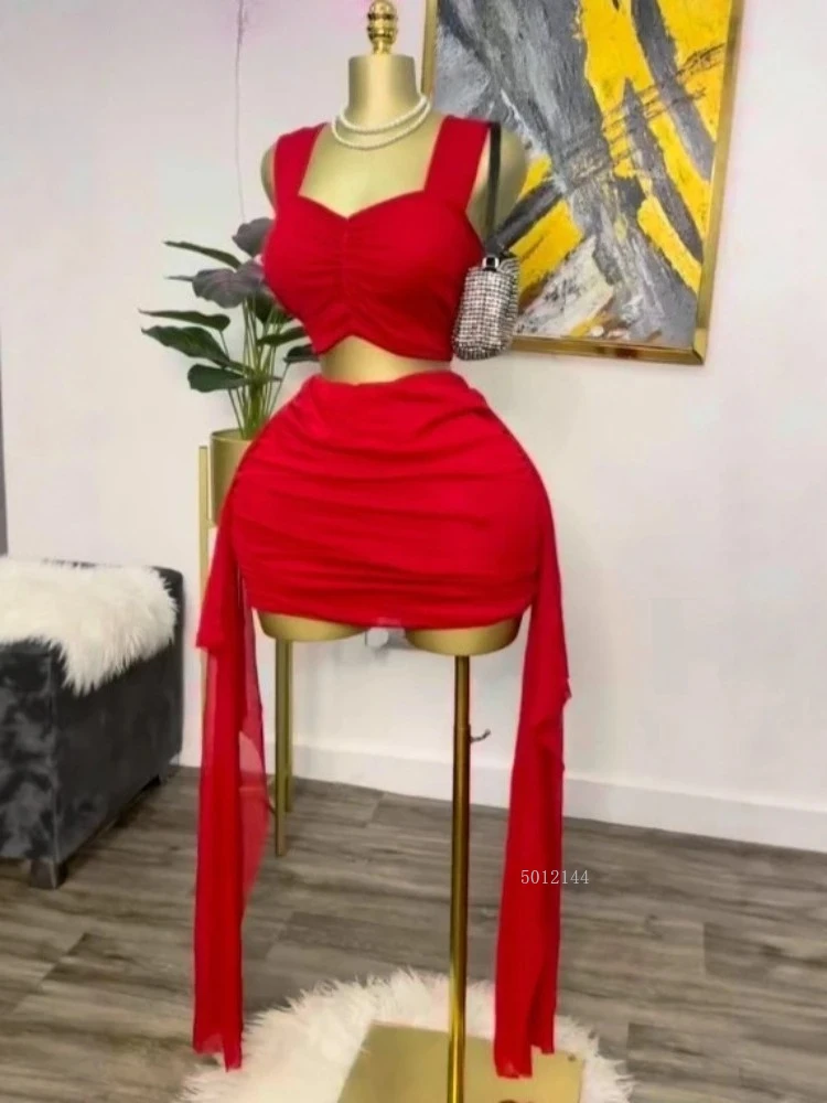 Robe sexy mode froncée femmes robe ensemble culture sangle hauts et ruban moulante mini jupes costume vacances deux 2 pièces ensemble tenue