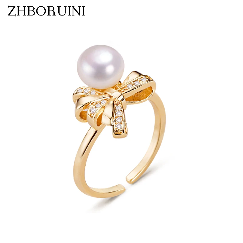 ZHBORUINI Hot Sale 100% Real Natural Pearl Ring New Ins Exquisite 14K Gold Gild Sweet Bow Ring For Woman Fine Jewelry Gift