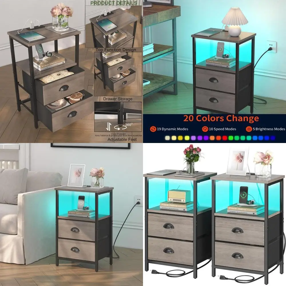 

Nightstand with Charging Station, LED Night Stand Set of 2, Bedside Table End Table with Drawer, Bedroom Tables with 2 Fabric Dr