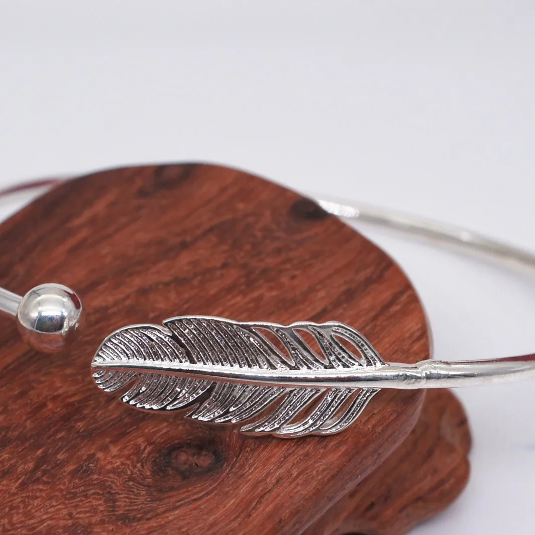 S925 Sterling Silver Feather Bracelet Women Fashion Slim Simple Temperament Jewelry