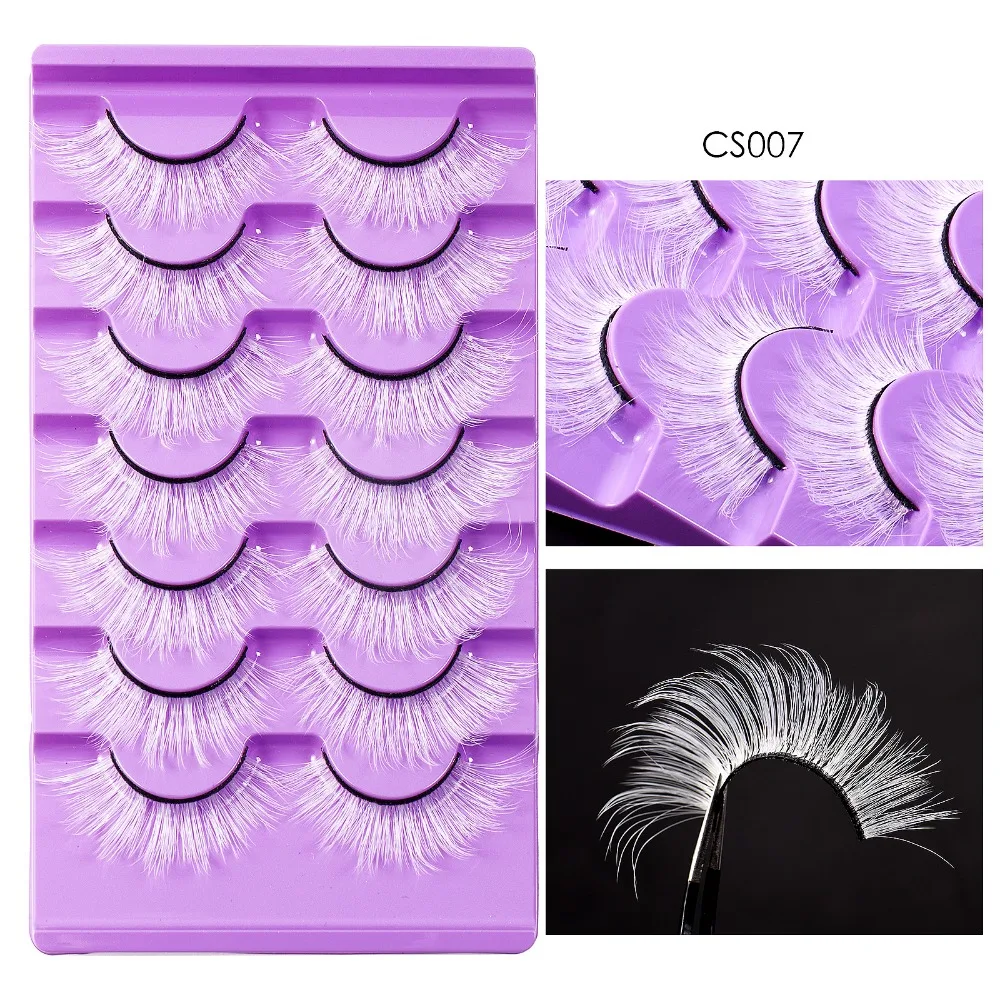 

7 Pairs White False Eyelashes Exaggerated Lashes Extension 3D Curled Lashes Reusable Faux Fibre Thick Fluffy Lashes