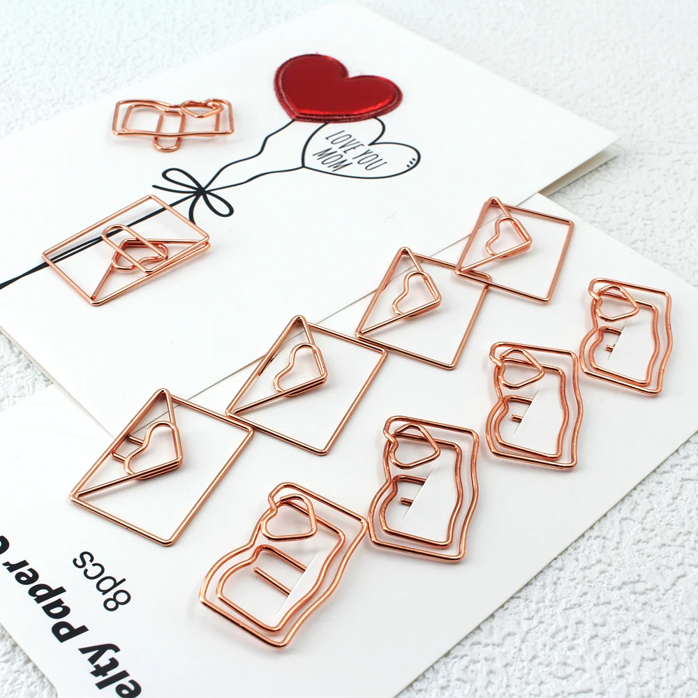 

Rose Gold Metal Paper Clips,Envelope and Book Shape,8 Pcs/Set,File Organizer and Bookmark Dual Use