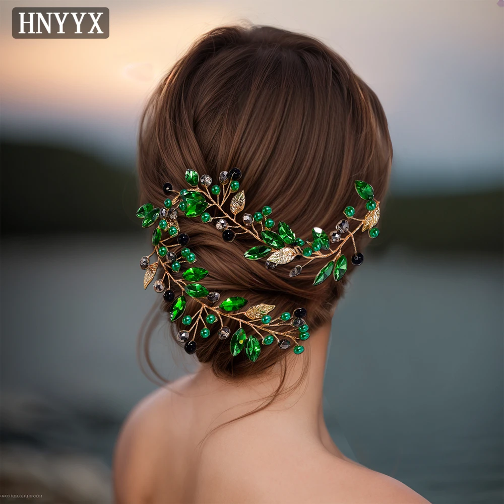 HNYYX Green Rhinestone Hair Accessories For Brides Wedding Headband Alloy Leaf Headpiece Elegant Hairband For Women A233