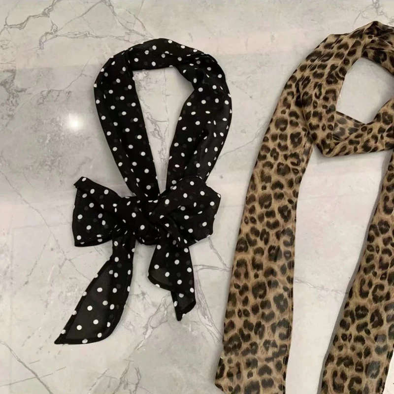 Pure Desire Wind Sexy Autumn Winter Retro Leopard Polka Dots Print Silk Scarf Women's Fashion All-match Belt Scarf Accessories