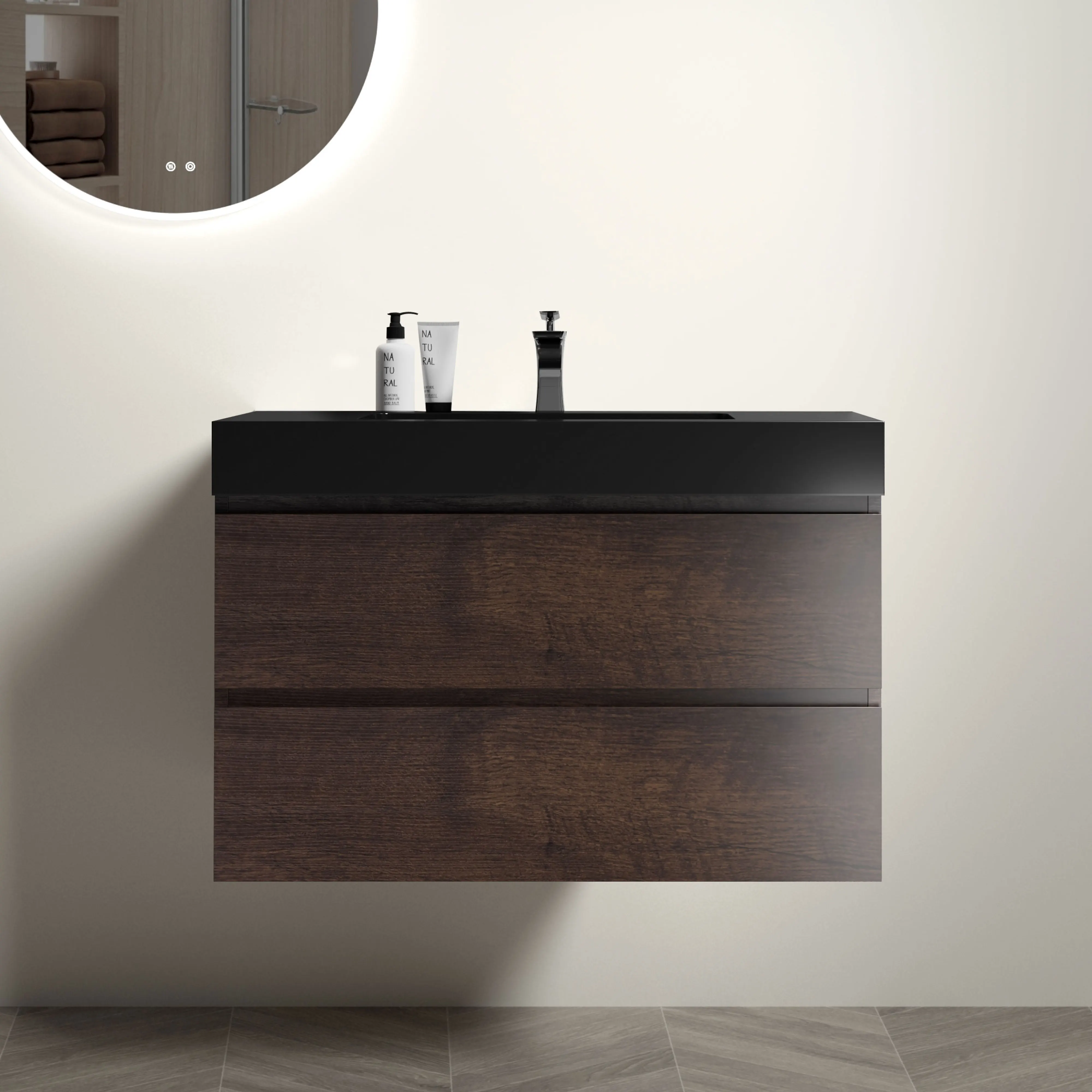 

36" Walnut Bathroom Vanity with Sink, Large Storage Wall Mounted Floating Bathroom Vanity for Modern Bathroom Black Sink Basin