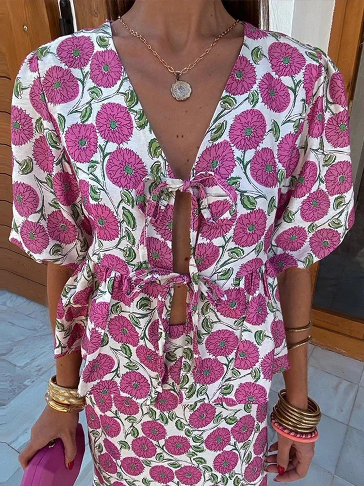 Floral Print Skirt Suits Women V-neck Lace Up Hollow Out Short Puff Sleeve Shirts High Waist Slim Skirts 2024 Summer Beach Suit